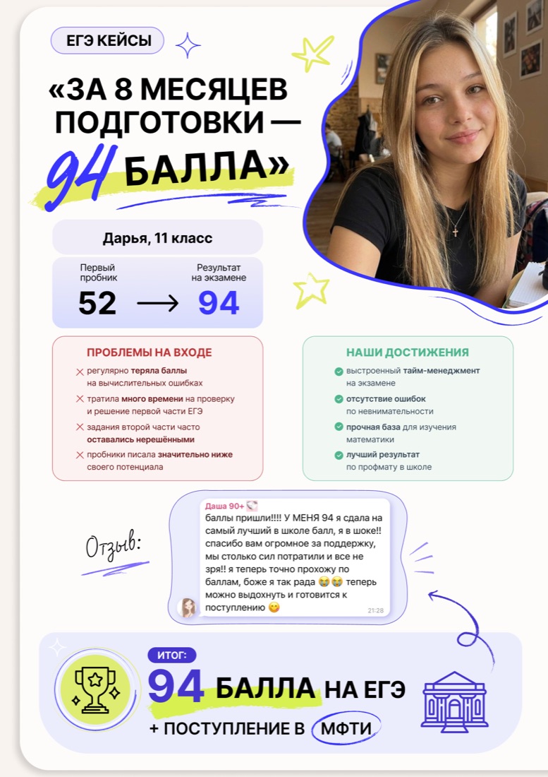 Дарья, 11 класс: с 52 до 94 баллов на ЕГЭ, поступление в МФТИ